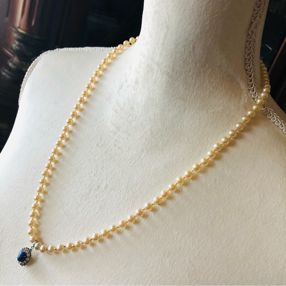 Vintage Germany hand knotted glass Pearl star sapphire pendant necklace - Picture 4 of 14